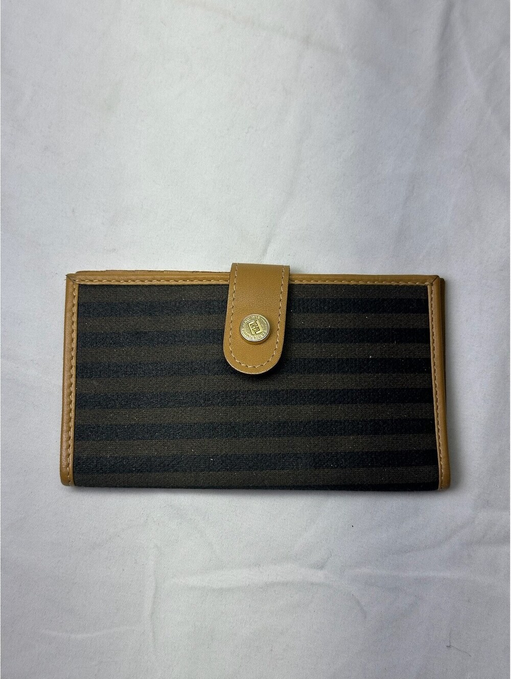 Vintage Fendi Pequin Stripe Long Wallet Brown Tan Leather Snap Closure